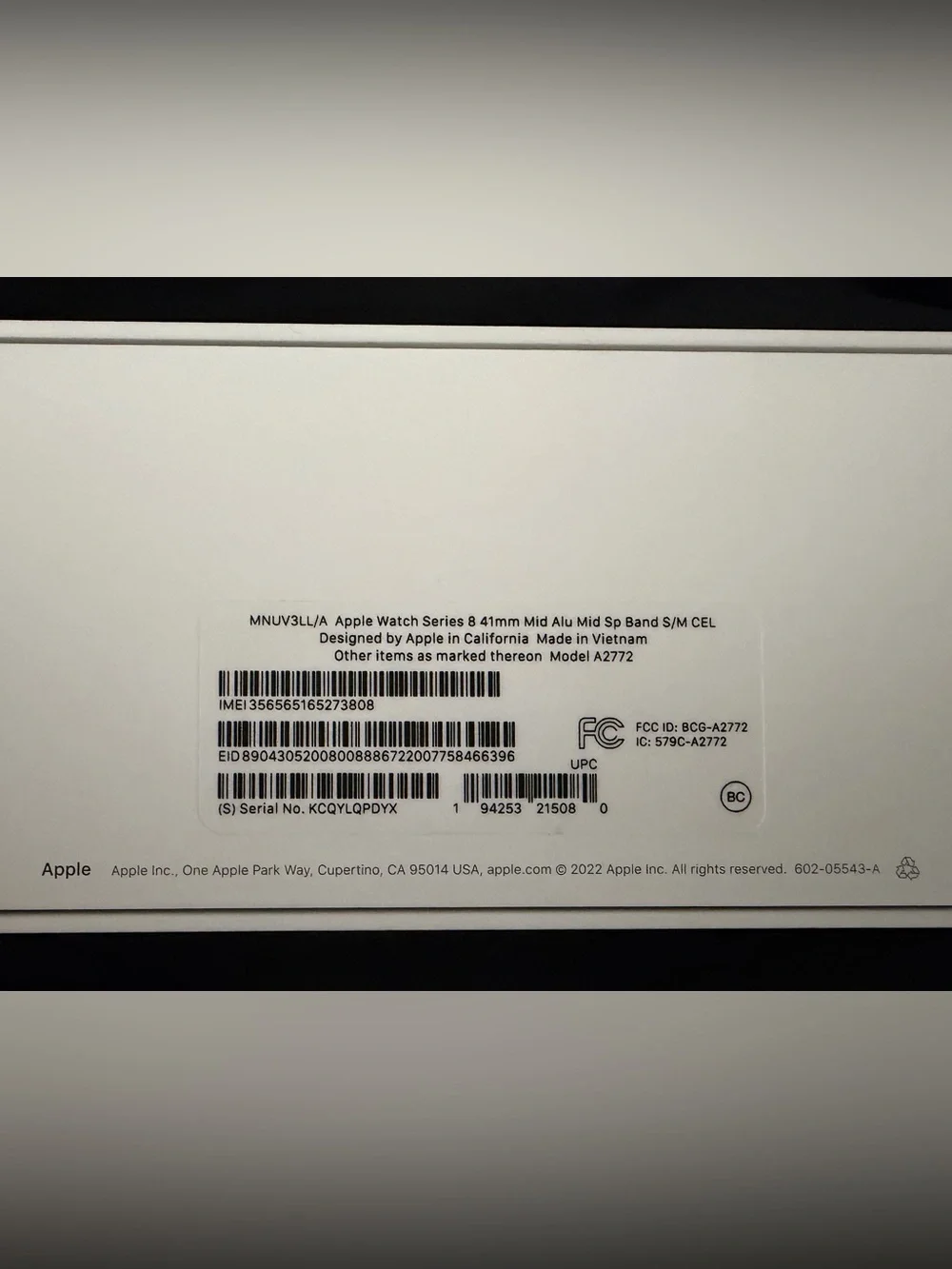 BRAND NEW Apple Watch Series 8 41mm Midnight Aluminum, Sport Band S/M, Cellular